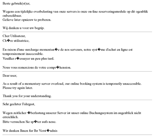 Pagina, vol met fouten, die aangeeft dat de server van NS Hispeed, dan wel die van Thalys, overbelast is